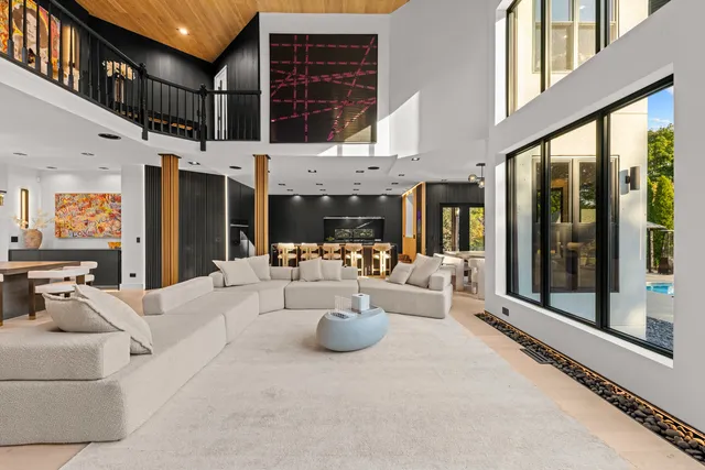 a bedroom with a bed and a fireplace