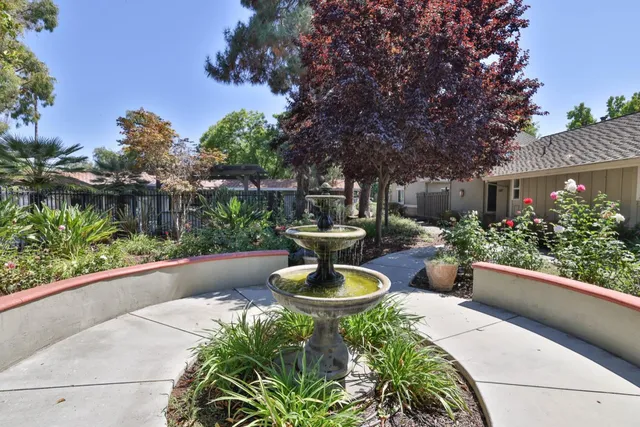 a view of a garden with a fountain