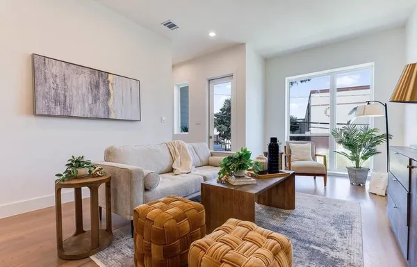 a living room with furniture potted plant and windows