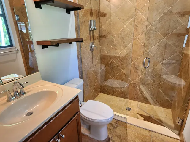 a bathroom with a sink a toilet a mirror and shower