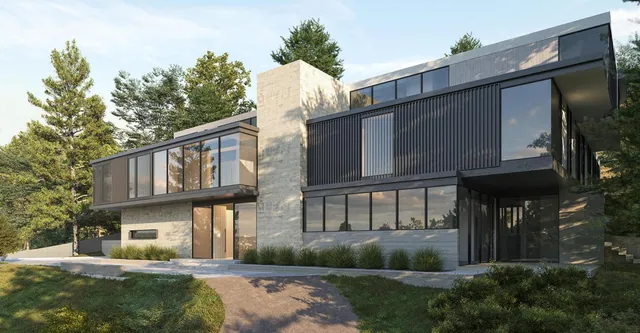 a dining room with wooden floor a chandelier a glass table and chairs