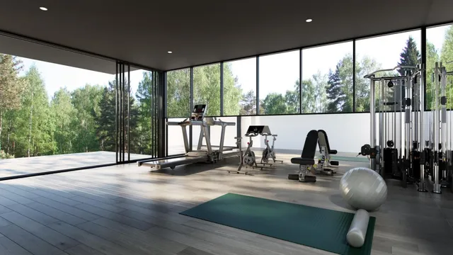a dining room with furniture a large window and plants