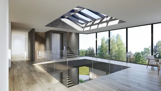 a living room with furniture and a floor to ceiling window