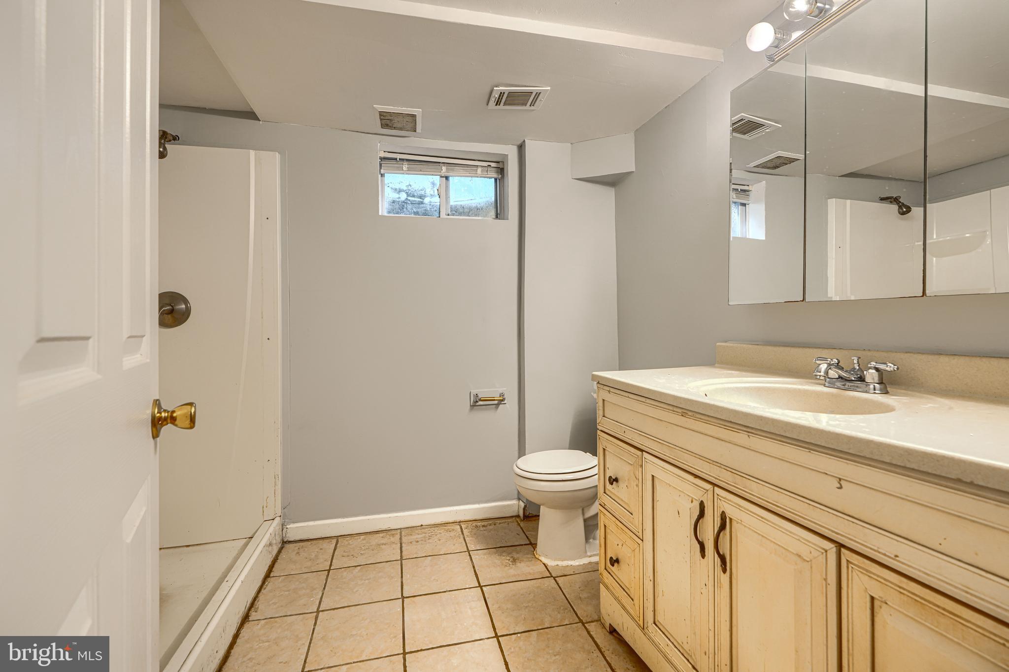 9706 Liberty Road Randallstown, MD 21133 - Photo 41 of 43 a bathroom with a sink a toilet a mirror and shower