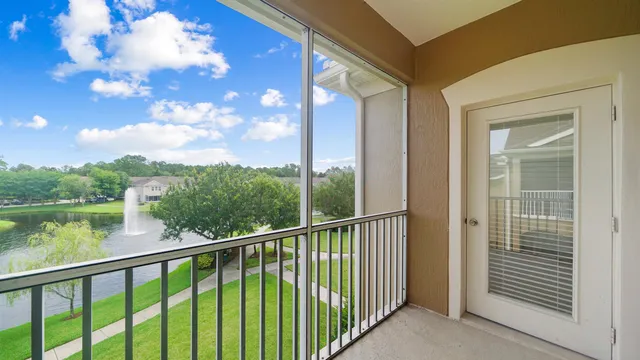 a view of a balcony with lake view