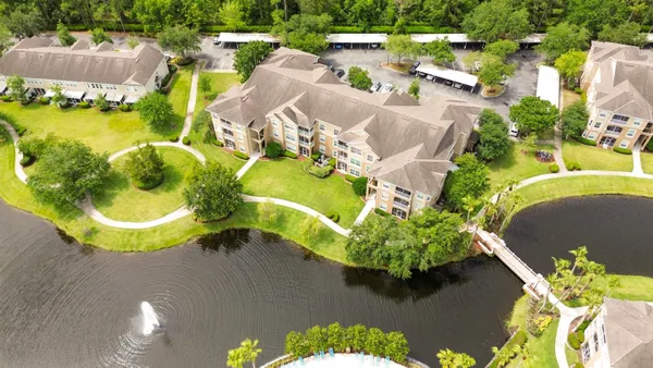 an aerial view of a swimming pool