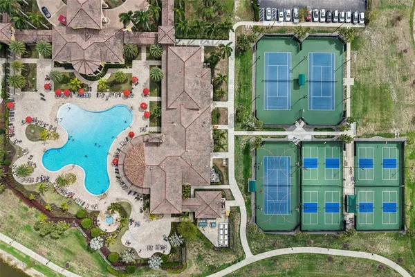 a bird view of buildings and yard