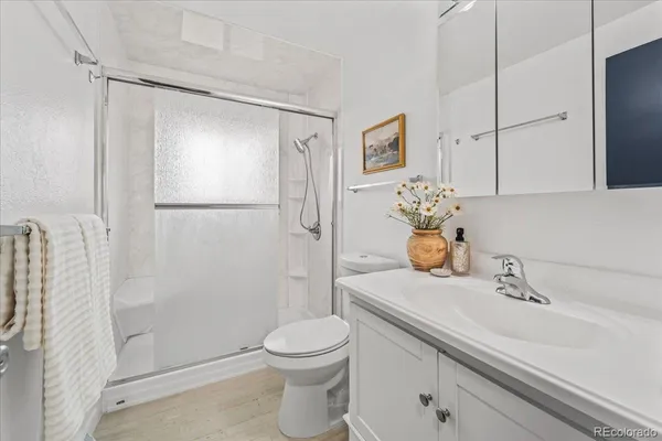 a bathroom with a sink a toilet and shower