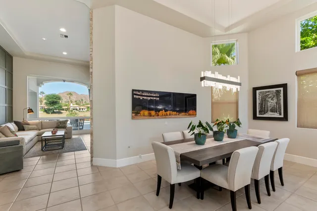 a view of a dining room with furniture and a potted plant