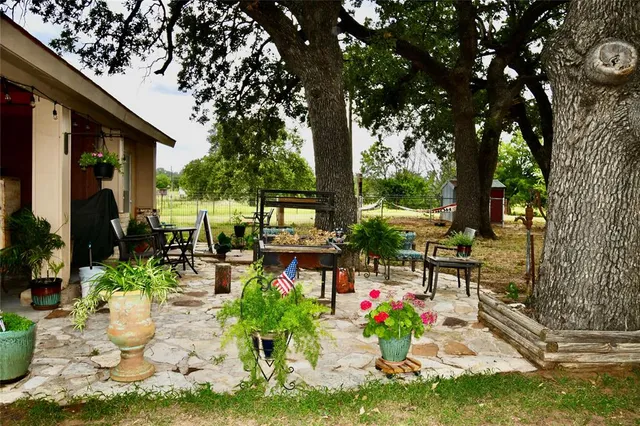 a view of a patio with table and chairs potted plants and large tree