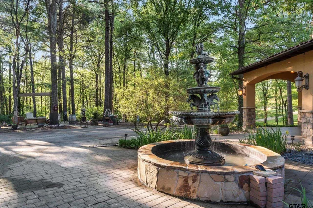 a view of fountain in a backyard