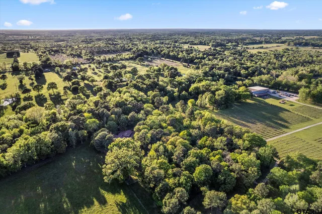 an aerial view of residential houses with outdoor space and swimming pool