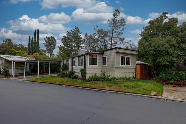 a view of a house with a backyard and a tree