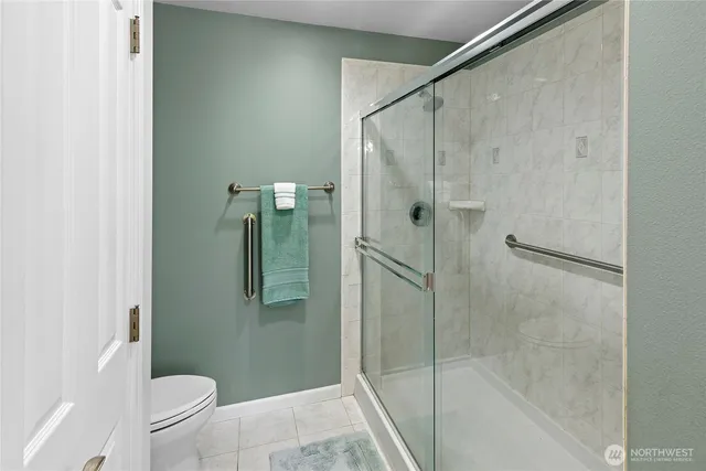 a bathroom with a shower and toilet