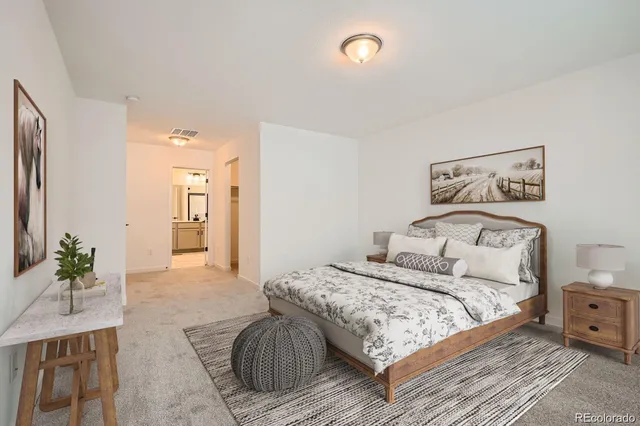 a bedroom with a bed and a couch