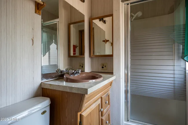 a bathroom with a sink and mirror with toilet