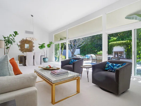 a living room with furniture potted plant and a large window