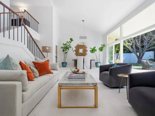a living room with furniture fireplace and a potted plant