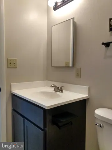 a bathroom with a sink vanity and a toilet