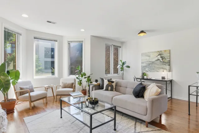 a living room with furniture and a potted plant