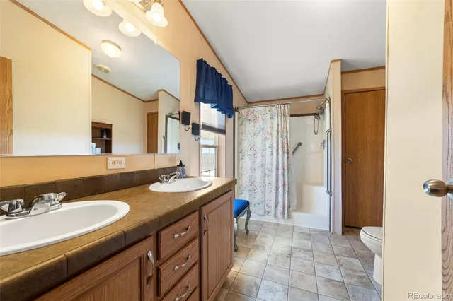 a bathroom with a granite countertop sink a mirror and a shower