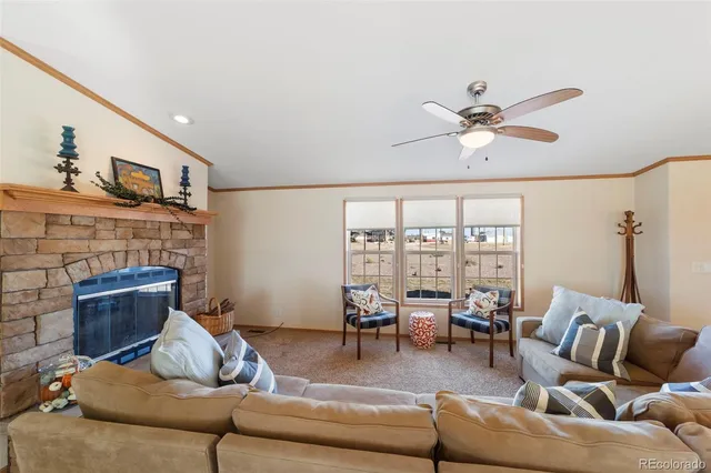 a living room with furniture ceiling fan and a fireplace