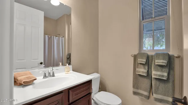 a bathroom with a sink vanity and toilet