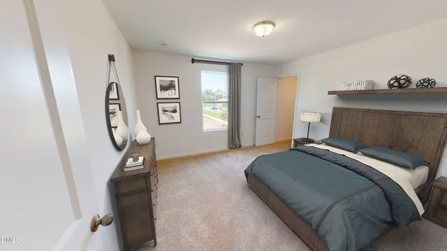 a bed room with a bed and a mirror