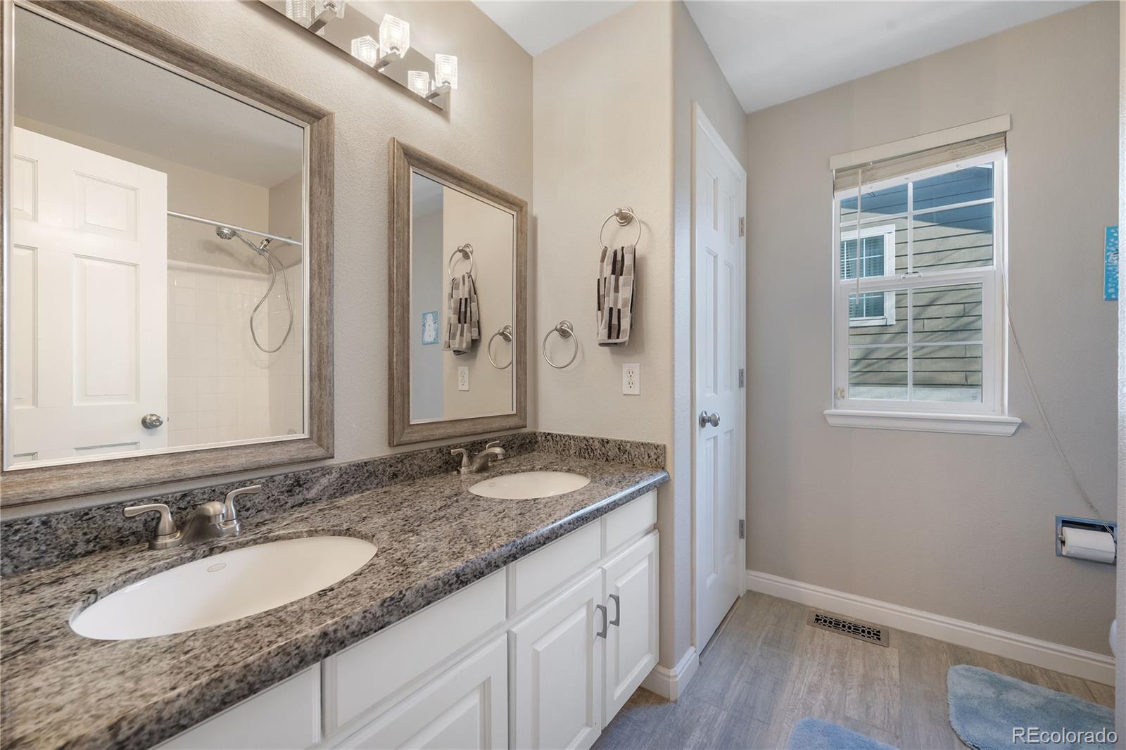 1201 Riddlewood Road Highlands Ranch, CO 80129 - Photo 28 of 36 a bathroom with a granite countertop sink a mirror and a shower