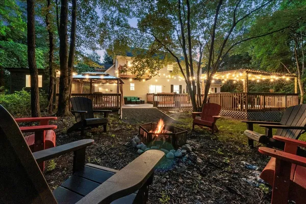 an outdoor space with seating area