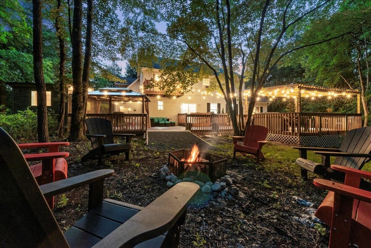 an outdoor space with seating area