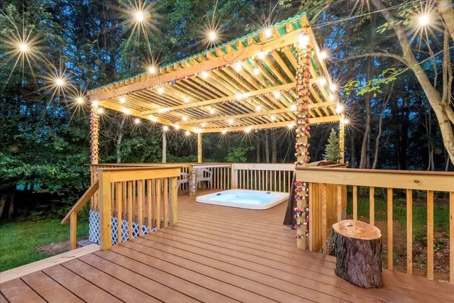 an outdoor space with furniture