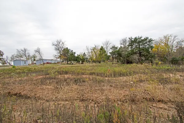 a view of a field with trees in background