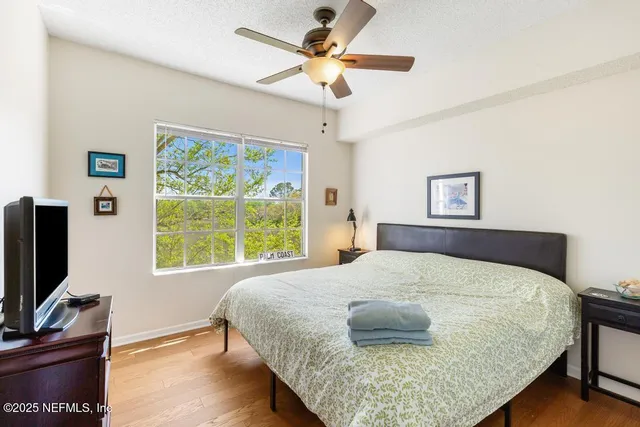 a view of a water fountain with palm trees