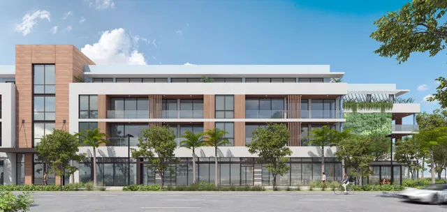 a front view of building with street view