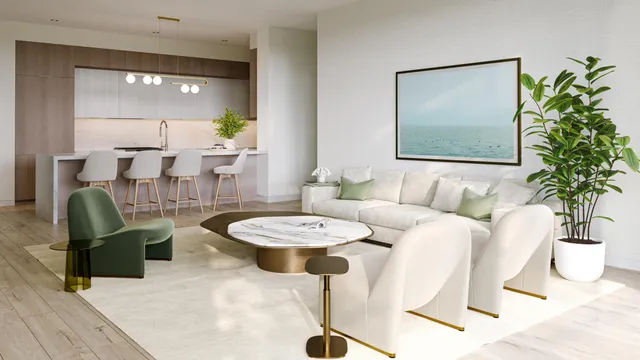 a living room with furniture and a potted plant