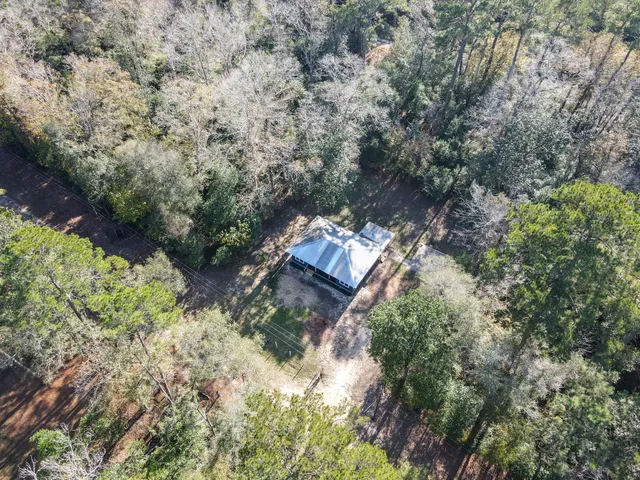 a view of a tennis ground with large trees