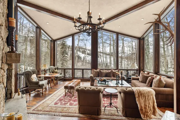 a living room with furniture and large windows