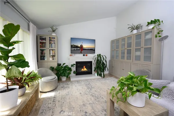 a living room with furniture and a potted plant