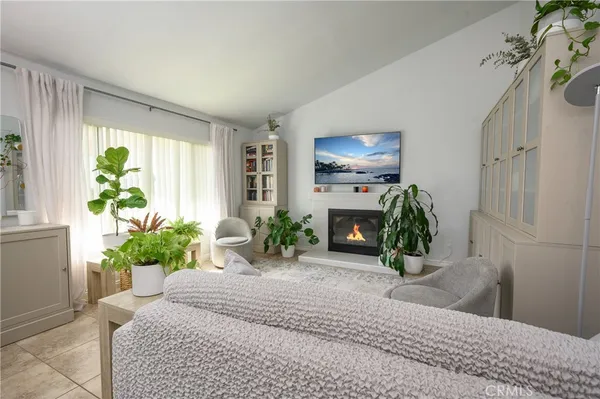 a living room with furniture and a potted plant
