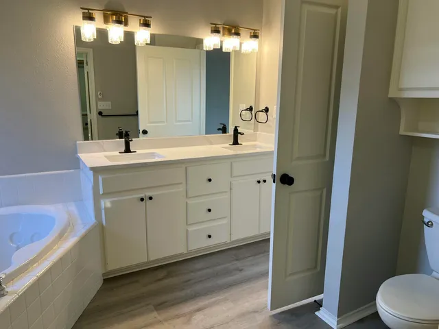 a bathroom with a double vanity sink a mirror and a toilet