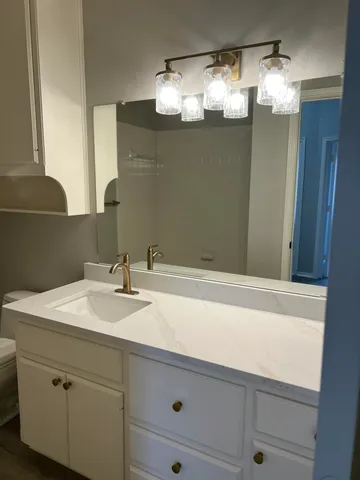 a bathroom with a sink and a mirror