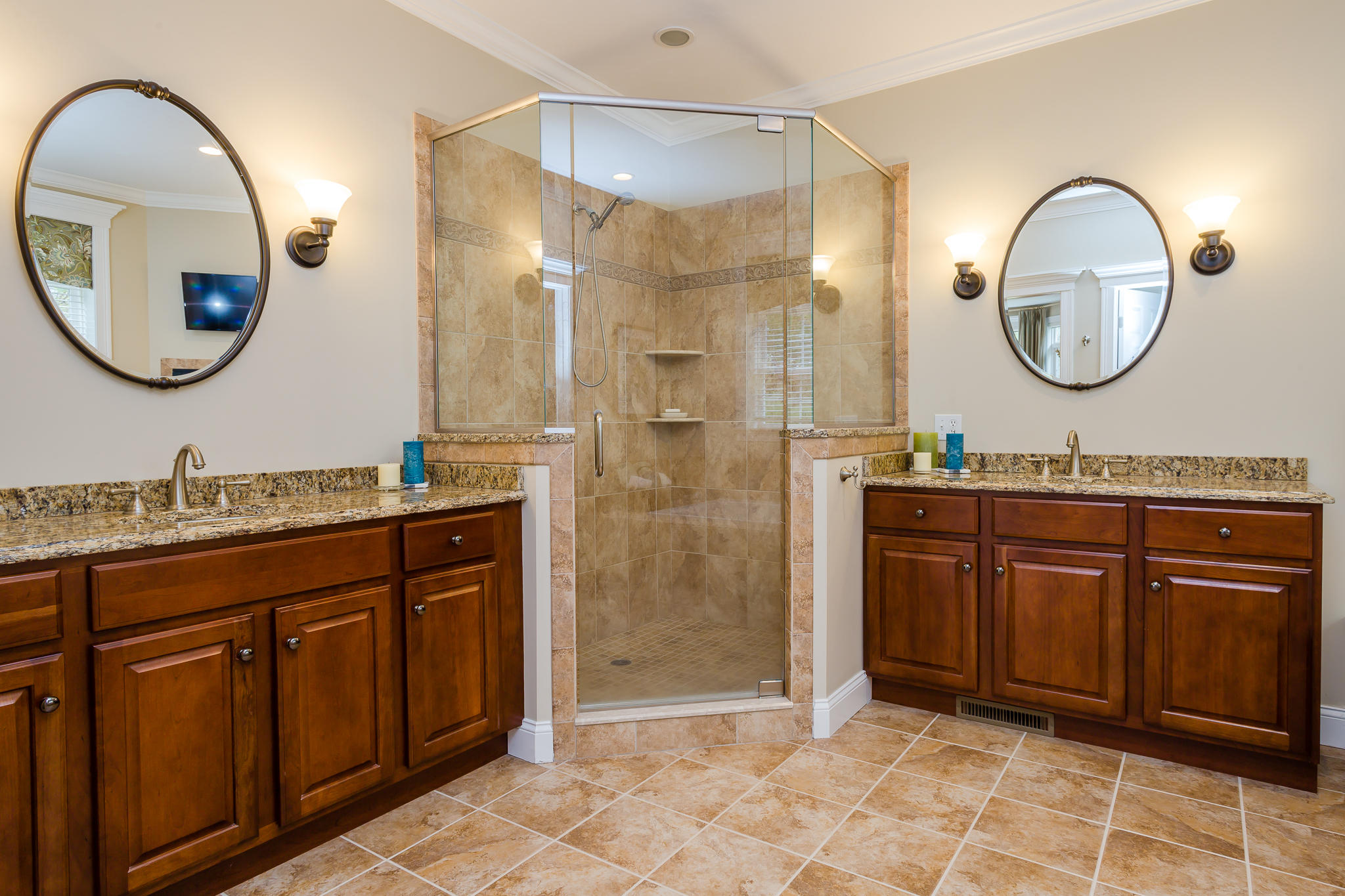 85 Palmer Road Mashpee, MA 02649 - Photo 18 of 38 a bathroom with a granite countertop sink mirror and shower