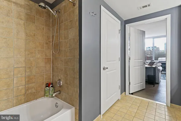 a bathroom with a tub a sink a mirror and a shower