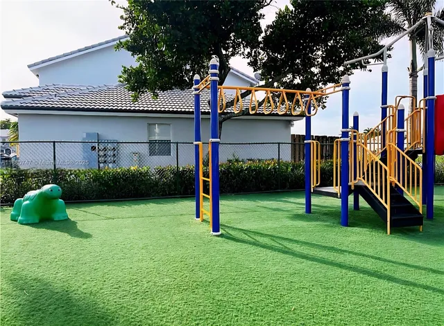 a house view with a play ground in front of it