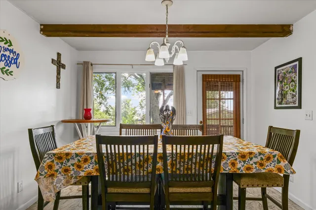 a view of a dining room with furniture window and outside view