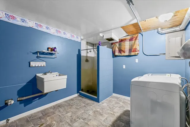 a view of backyard with deck and wooden floor