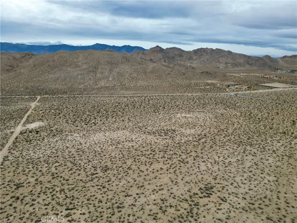 a view of a yard with mountains in the background