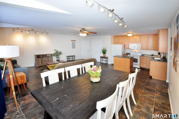 a view of a dining room with furniture