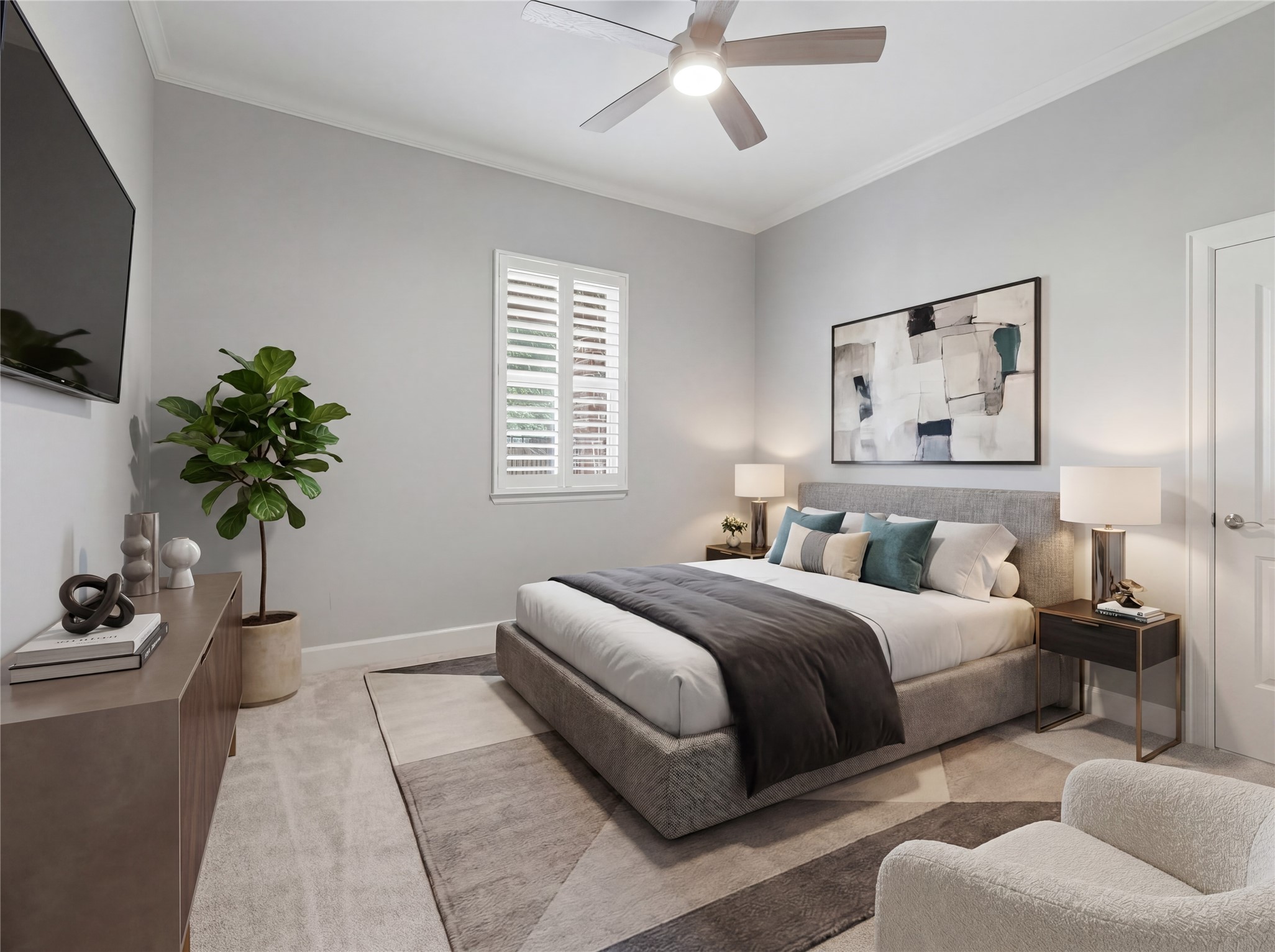 7106 Hampton Court Spring, TX 77389 - Photo 16 of 31 Guest bedroom features a modern design with neutral tones and ample natural light from a window with shutters. A ceiling fan and contemporary furnishings add comfort and elegance. (virtually staged)